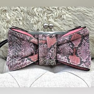 Jessica Simpson-Bow Clutch Pink Faux Snakeskin Chunky Kiss Clasp Wristlet